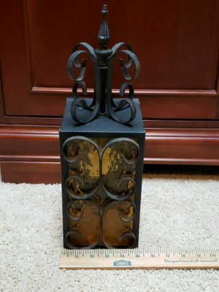 Vtg Porch Wall Light Wrought Iron Black And Amber Glass - 15 3/4”x 5 1/2 " 5 3/4”