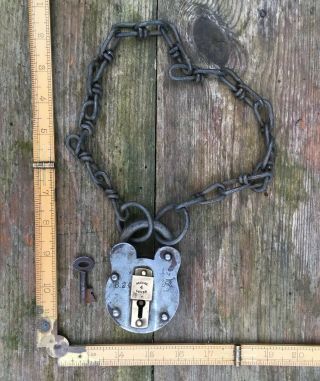 Antique Vintage Unusual Large 4 Lever Padlock With Handmade Chain