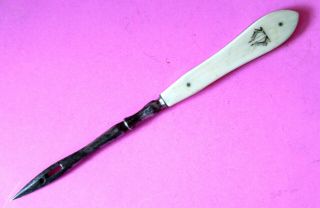 Antique Large Rare Steel & Cow Bone 2 Eye Bodkin Ribbon Threader Sewing Tool