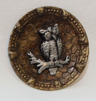 Antique Brass Picture Button Owl Two Metals Shank 1 - 1/2 " Diameter