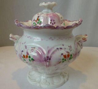 Antique,  C1840,  English,  Pink Sunderland Lustre,  Covered Sugar Bowl