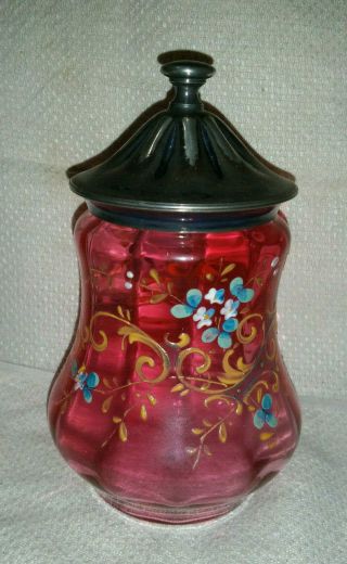 Victorian Antique Cranberry Enameled Pickle Castor Jar For Silverplate Stand