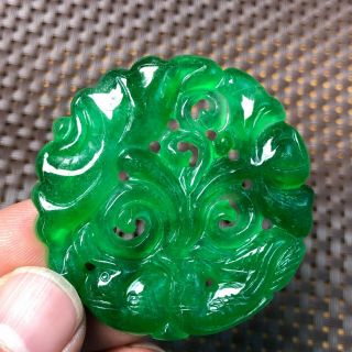 Chinese Collectible Green Jadeite Jade Lotus & Birds Handwork Rare Round Pendant