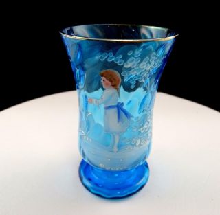 Mary Gregory Blue Coin Dot Thumbprint And White Enamel 5 1/4 " Footed Tumbler