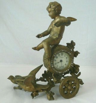 Antique Haven Cherub & Birds Mantle Clock Gilt Metal Art Nouveau