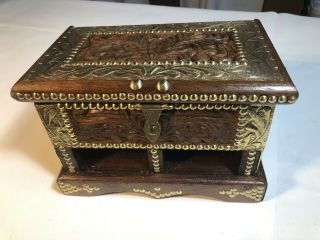 Hand Carved Wooden Box With Brass 2 Hidden Compartment