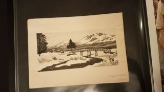 Vintage Woodblock Print Snow On Mountains And Bridge,  Artist Mark