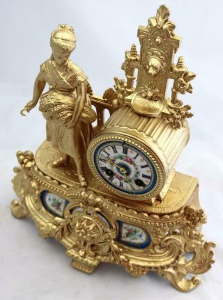 Antique Mantle Clock French Stunning blue Sevres & Gilt 1870 ' s Figural Striking 5