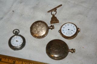 Antique Pocket Watches 4,  Two Elgin,  Standard,  One.  800 Silver,  1 Watch Fob