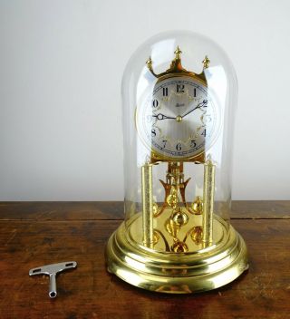 German Franz Hermle Anniversary Torsion Mantel Clock 400 Day With Glass Dome