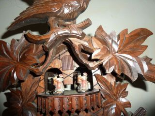 Rare Vintage Black Forest Carved 3 Weight Musical Automaton Cuckoo Wall Clock 8