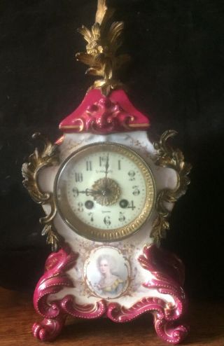 Rare Boston Clock Company Tandem Wind Porcelain Mantle Clock.  Made In France