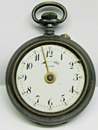 Antique Swiss Acier Garanti Case Alarm Pocket Watch Desk Top Blue Metal Case.