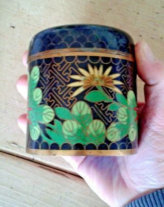 Antique Chinese Cloisonne Tea Caddy Jar Box Black Floral - Art Deco