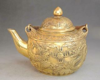 China Old Pure Copper Hand - Carved Dragon And Phoenix Pattern Teapot D02