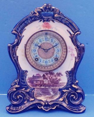 Antique Ansonia Royal Bonn Cobalt Blue Porcelain Shelf Clock Serviced & Running