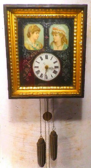 1875 German Wag On Wall Clock - - Wonderful Reverse Painted Glass Dial - - Wood Plates