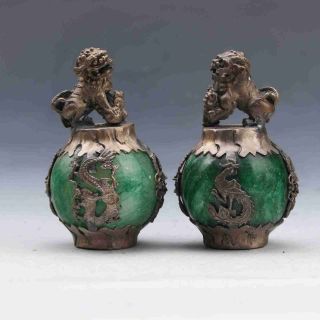 Chinese Old Silver Dragon Inlaid Green Jade Hand Carved Pair Lion Statue B01