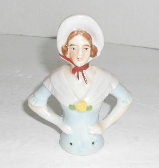 Vintage Porcelain Pin Cushion Half Brush Doll Half Body Wearing Bonnet
