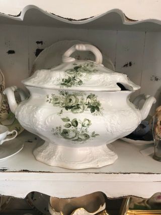 Antique Green Transferware Toile Extra Large Soup Tureen Dresden Roses