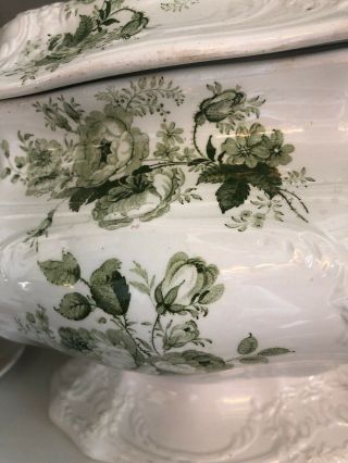 Antique Green Transferware Toile Extra Large Soup Tureen Dresden Roses 2