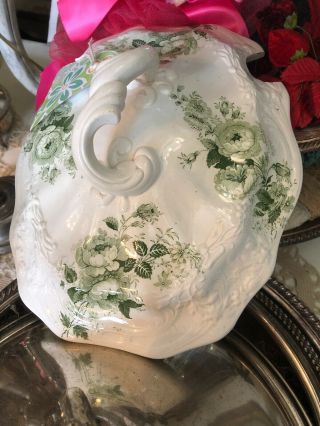 Antique Green Transferware Toile Extra Large Soup Tureen Dresden Roses 4