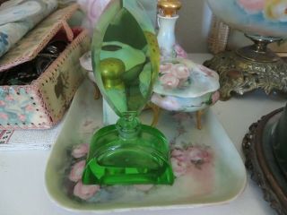 Vintage Bright Green Glass Vaseline Glass ? Perfume Bottle Cut Glass So Art Deco 2