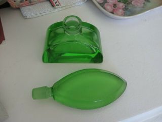 Vintage Bright Green Glass Vaseline Glass ? Perfume Bottle Cut Glass So Art Deco 3