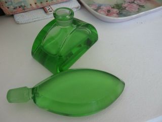 Vintage Bright Green Glass Vaseline Glass ? Perfume Bottle Cut Glass So Art Deco 4