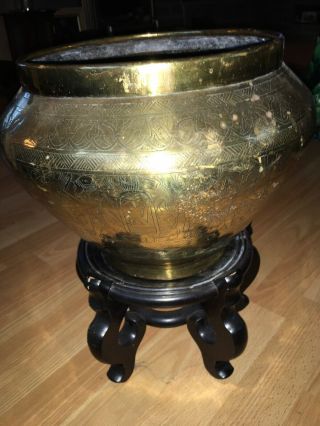 Large Antique Brass Urn Planter On Hard Wood Stand Egyptian Style