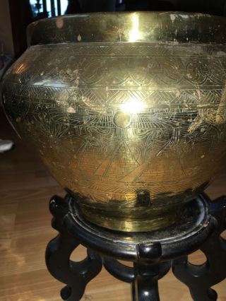 Large Antique Brass Urn Planter On Hard Wood Stand Egyptian Style 3