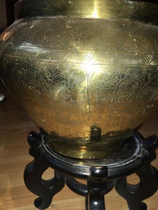Large Antique Brass Urn Planter On Hard Wood Stand Egyptian Style 4