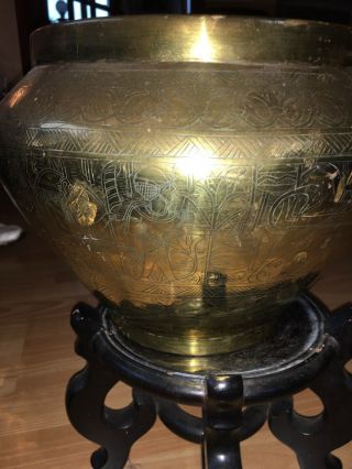 Large Antique Brass Urn Planter On Hard Wood Stand Egyptian Style 5