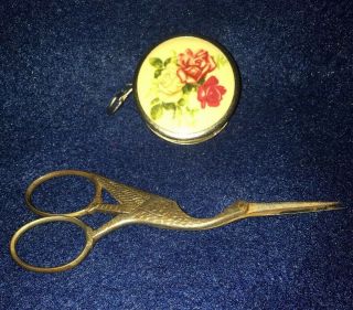 Antique Floral Roses Tape Measure & Dixon Stork Scissors Sewing Chic W Germany