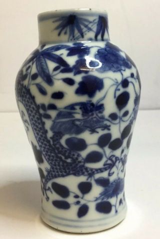 Antique Chinese Late Qing Dynasty Miniature Vase,  Blue & White,  4 Toed Dragons.