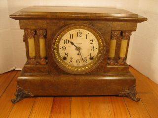 Vintage Seth Thomas Brown Adamantine Shelf Mantel Clock Pillars Lion Heads