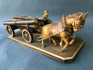 Large Hand Carved Wood Horse & Wagon W Large Logs W Man