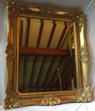 Vintage Victorian Style Gold Gilded Gesso Wood Wall Mirror Beveled Scallops