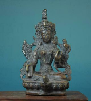 China Tibet Buddhism Old Bronze Green Tara Bodhisattva Buddha B01