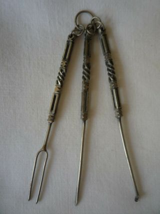 Antique 19th Century Unmarked Silver Chatelaine Utensils Pipe Smoking Tools?