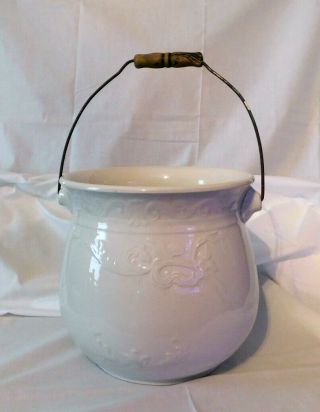 Vintage Antique Iron Stone China Porcelain Chamber Pot W / Wood Handle