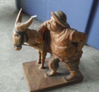 Vintage 1960 Ouro Hand Carved Wood Man With Donkey Figurine 5 3/4 " Tall