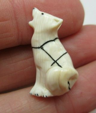 Rare Antique Vtg Hand Carved Alaskan Eskimo Button Husky Sled Dog W/ Bk Mk