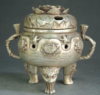 China Old Copper Plating Silver Hand Engraving Lotus Flower Frog Censer E01