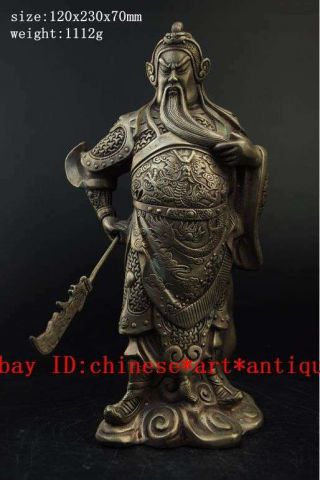 China Old Copper Plating Silver Dragon Lion Head Guan Yu Warrior God Statue F01
