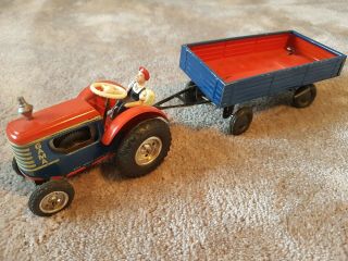 Gama Germany 1:32 Farm Tractor & Trailer Tin Wind - Up Toy 27cm - - 1950s