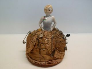Antique German Victorian Porcelain Doll Pin Cushion,  Complete And