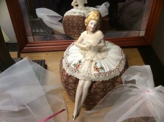 Antique German Porcelain Half Doll w legs,  Ballerina Pincushion Collectible Doll 2