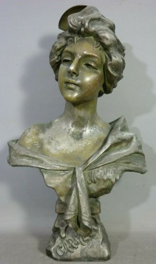 Lg Antique French Art Nouveau Carmela Lady Bust Old Parlor Statue Sculpture