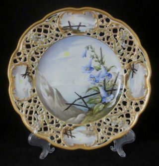 Vintage/ Antique Hand Painted Scenic Trumpet Flowers Plate Gilt Reticulated Rim